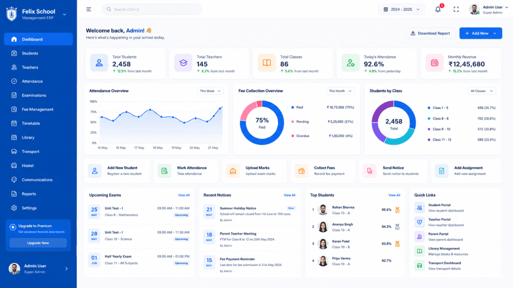 School Management ERP dashboard for student, academic and administrative management