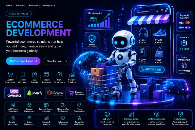 Ecommerce Development Services by Felix Technologies – Custom Ecommerce Website, WooCommerce, Shopify, Magento, Secure Payment Gateway and Online Store Solutions